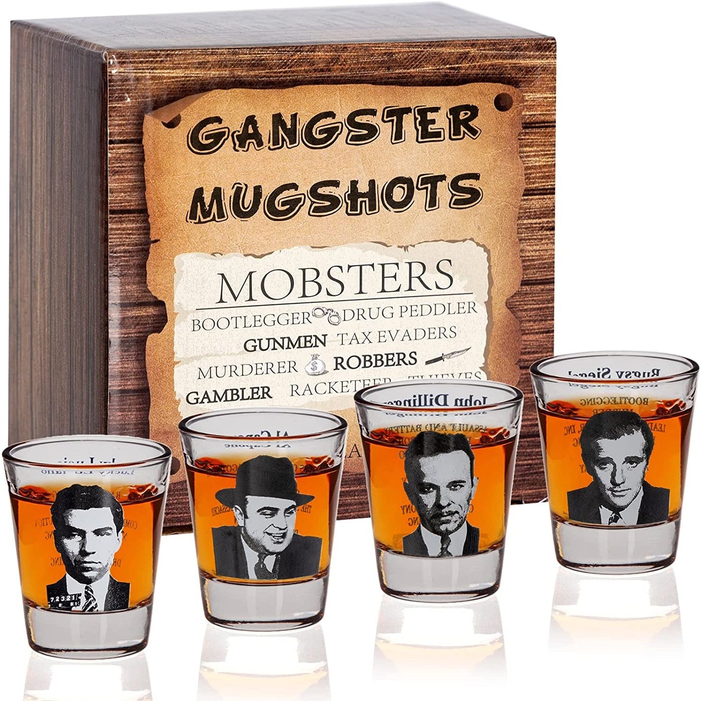 Set of iconic gangster-themed shot glasses featuring images and designs inspired by classic gangster culture.