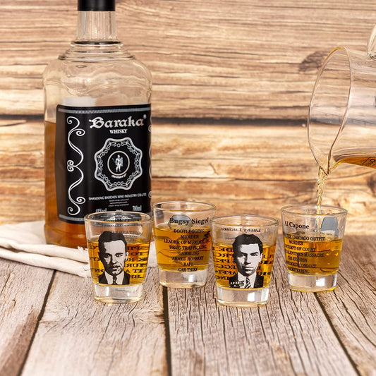 Set of shot glasses inspired by classic gangster culture. The shot glasses have a unique design featuring iconic gangster motifs. Each glass is adorned with various gangster-themed graphics and symbols. The set includes multiple shot glasses, providing a stylish and edgy way to enjoy your favorite drinks.
