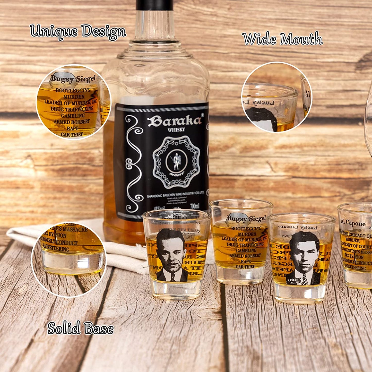 Set of iconic gangster-themed shot glasses, featuring a design inspired by classic gangster culture. The shot glasses are displayed in a decorative arrangement, showcasing their unique and stylish appearance.