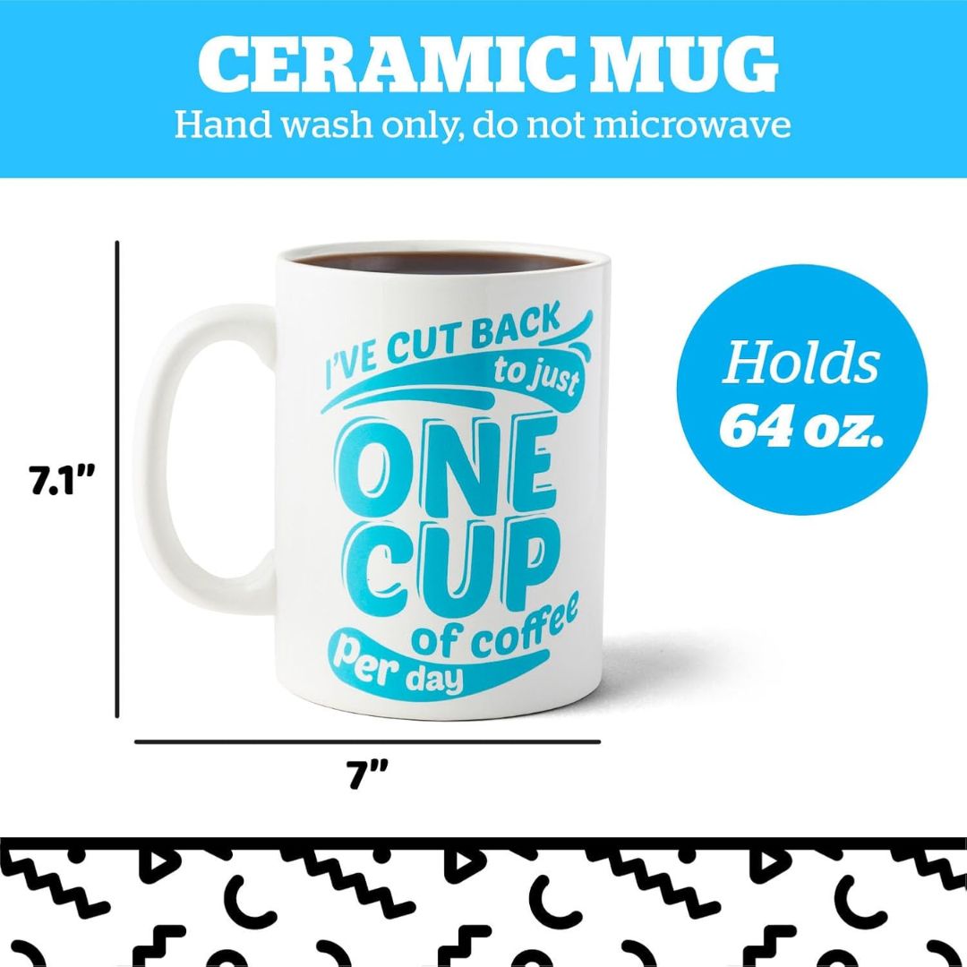 Huge white ceramic coffee mug with blue text and measurements on a white background