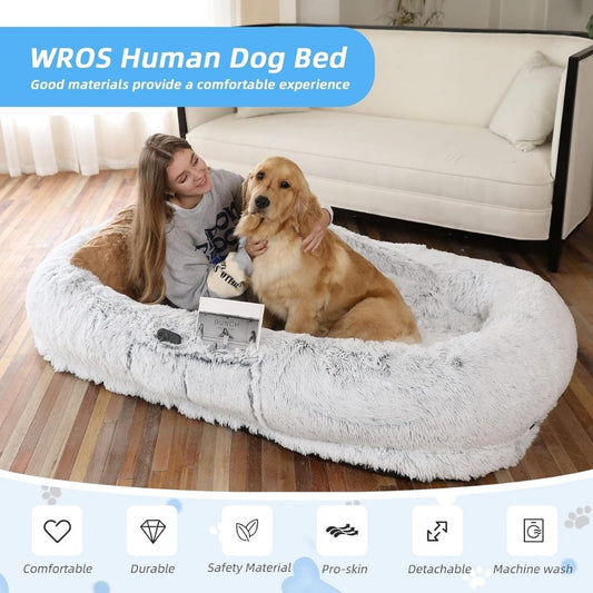 Woman and dog in a fluffy white pet bed with text about the product's features.