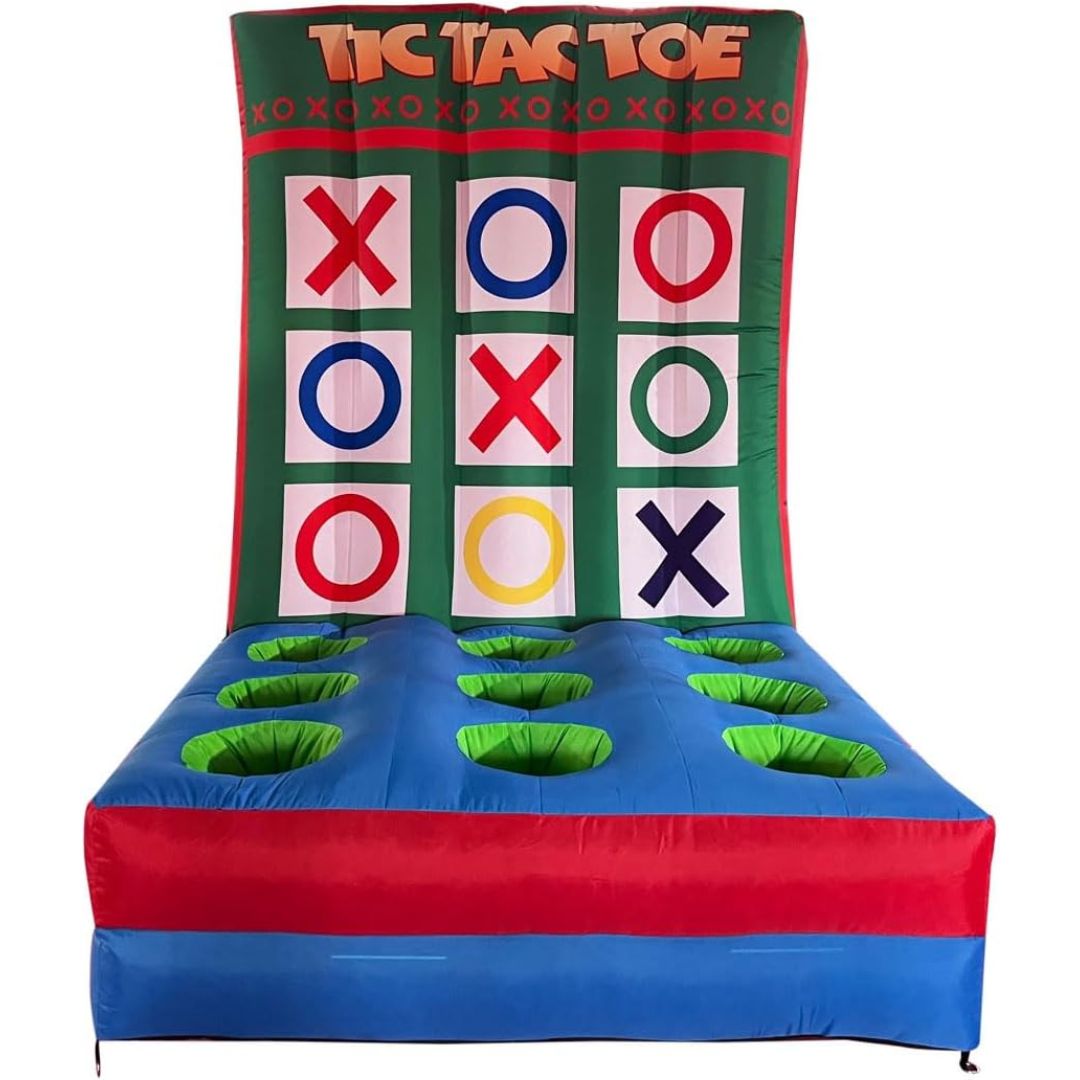 Inflatable Tictac Toe game set with a green backboard featuring red, blue, and green game pieces, and a blue and red game mat with green scoring holes.