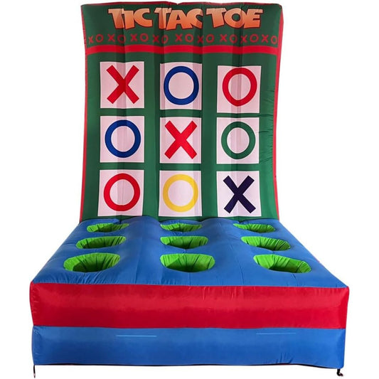 Inflatable Tictac Toe game set with a green backboard featuring red, blue, and green game pieces, and a blue and red game mat with green scoring holes.