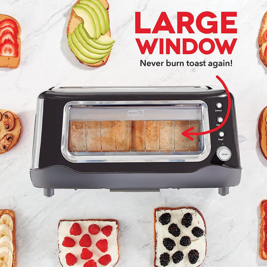 A black toaster with a glass window. There is text which reads, "large window, never burn toast again."