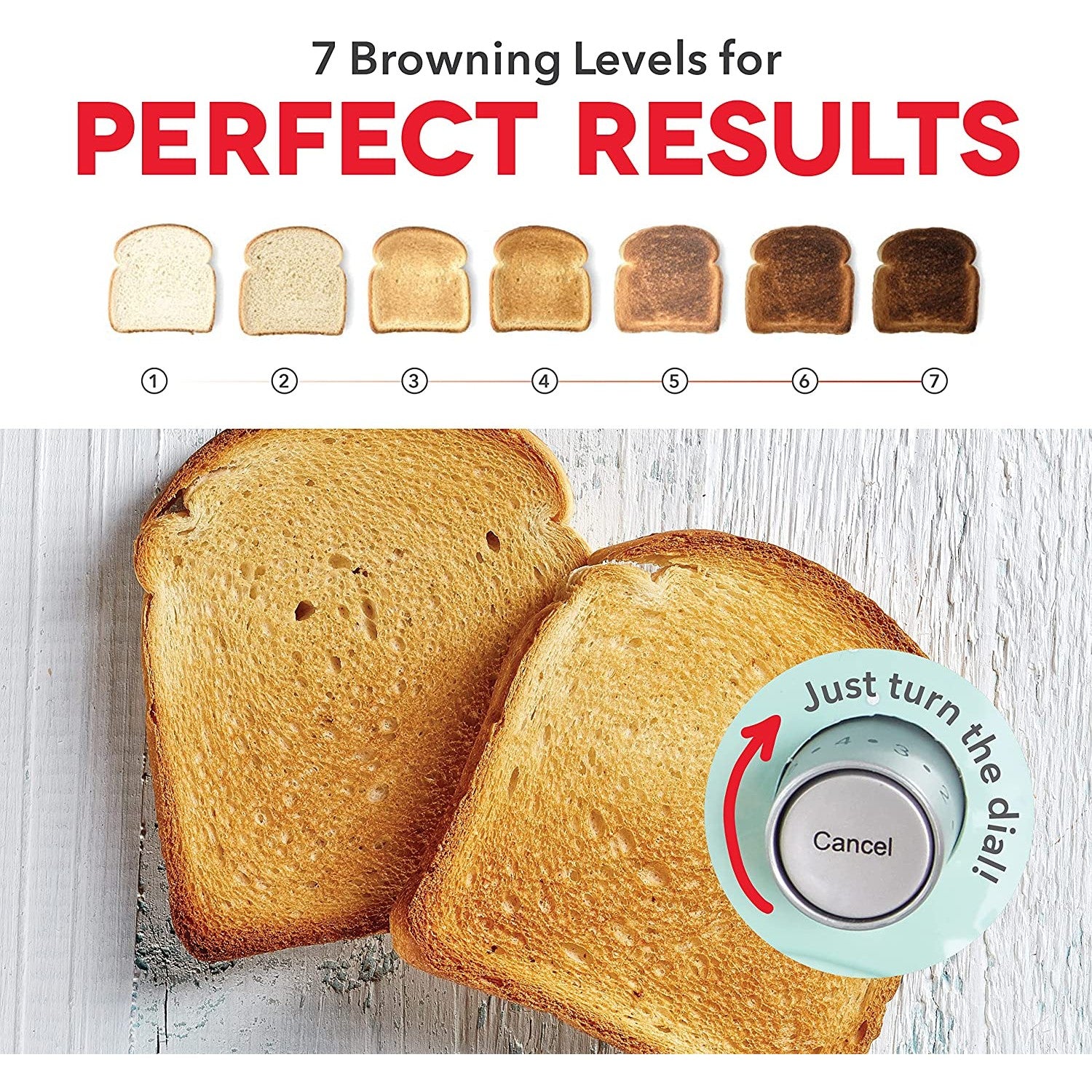 Two pieces of toast with a headline which reads, '7 browning levels for perfect results.'