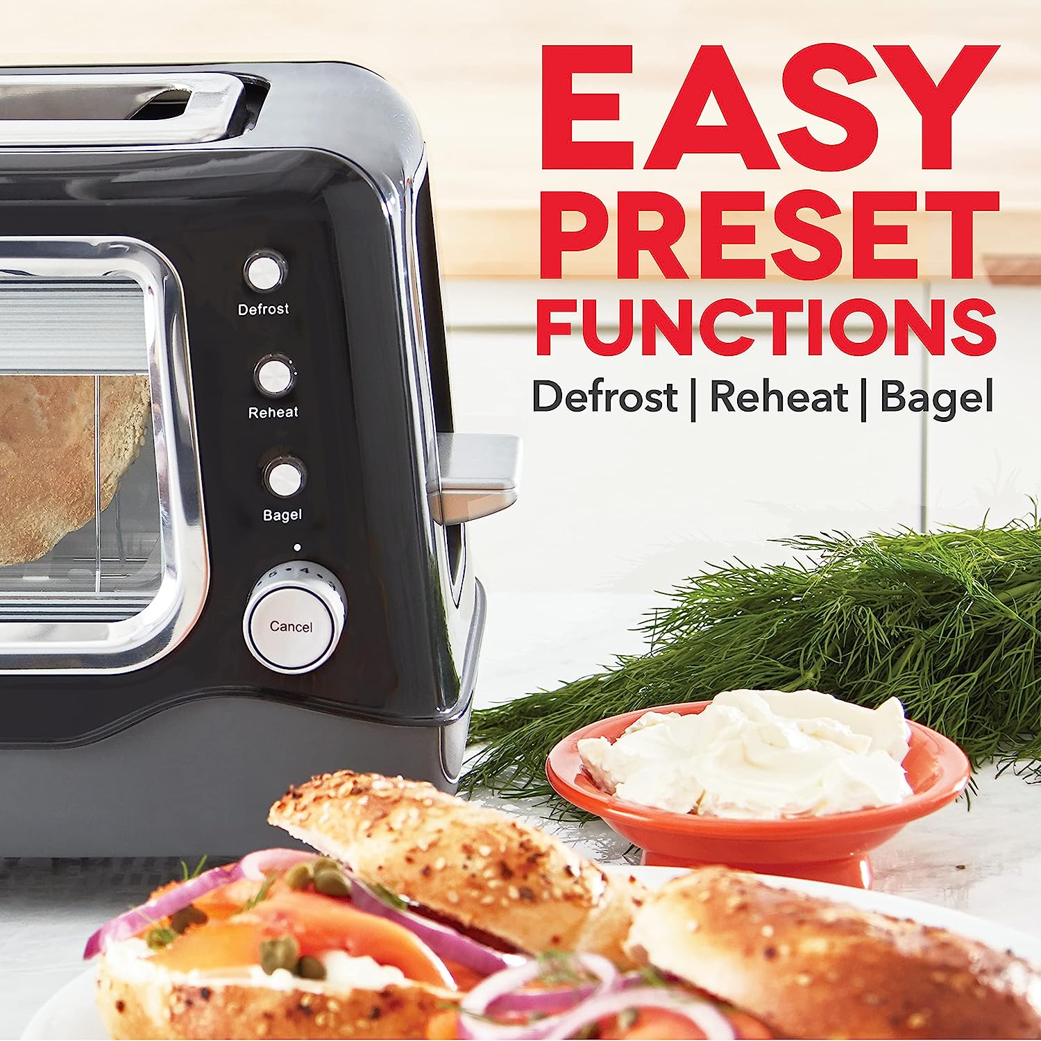 A black toaster with a glass window plus some toasted bagels. The headline reads, 'Easy preset functions, defrost, reheat, bagel.'