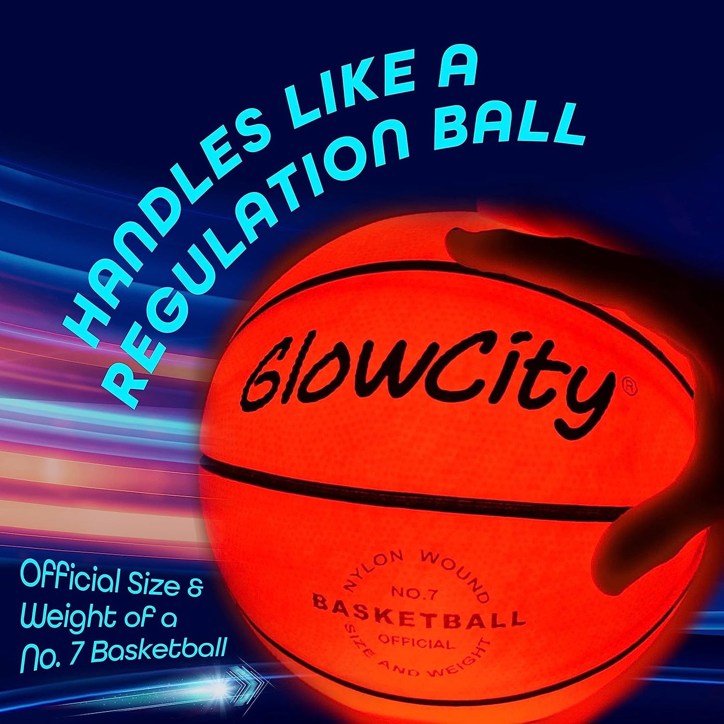 A Glowcity glow in the dark basketball which is lit up. Text reads, 'handles like a regulation ball.'