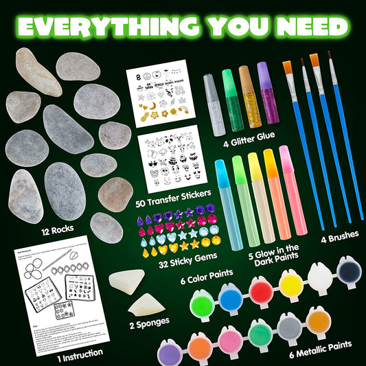 The contents of a glow in the dark rock painting kit for kids.