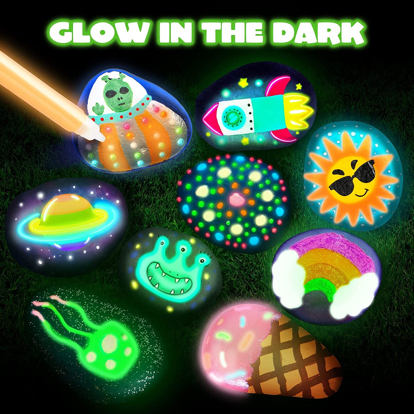 Nine glowing rocks which have been painted using a glow in the dark rock painting kit for kids.