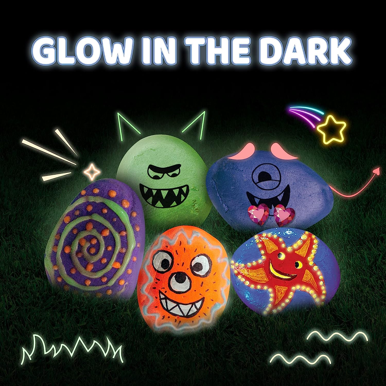 Several rocks painted like monsters using a glow in the dark rock painting kit for kids.