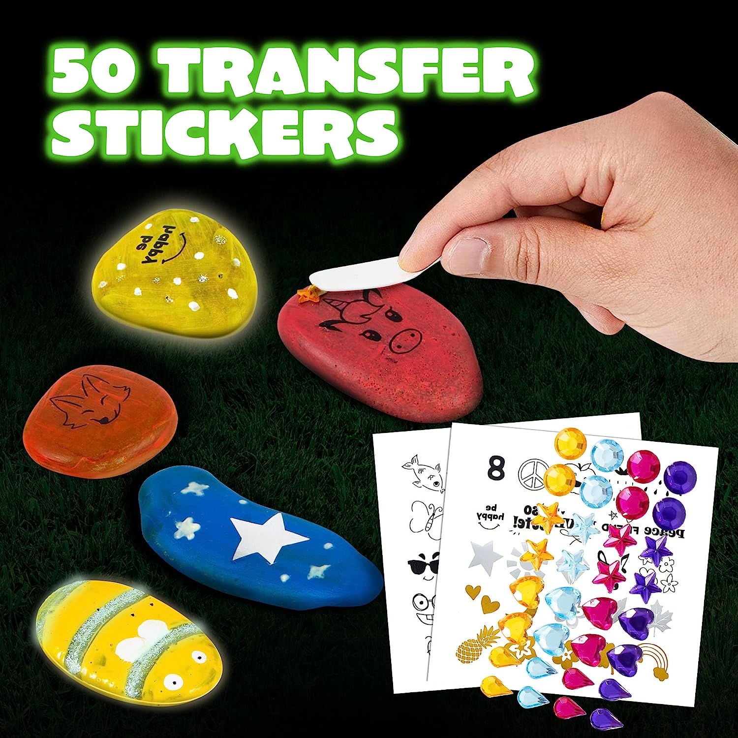 Transfer stickers are included with a glow in the dark rock painting kit for kids.