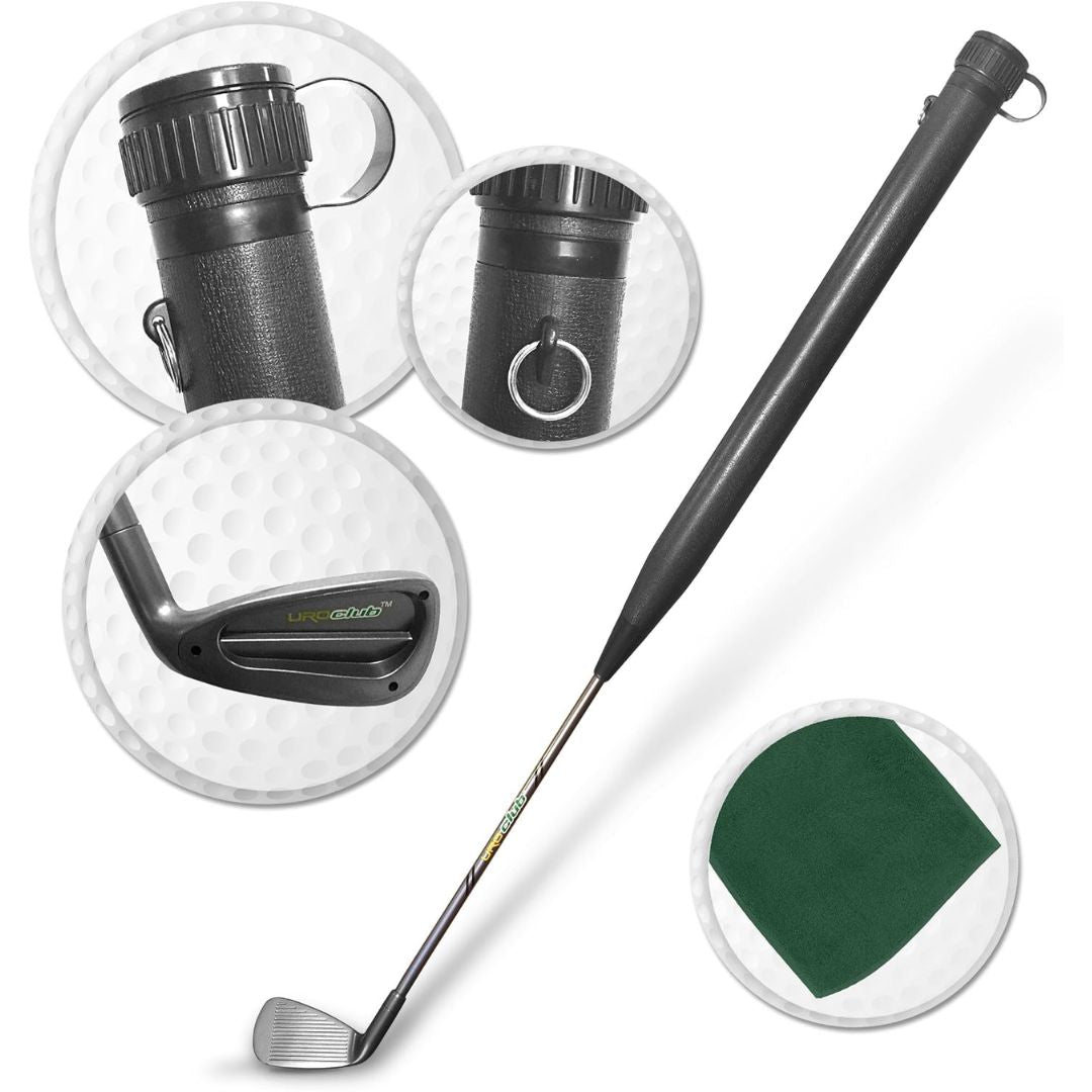 A golf club urinal set shown on a white background with circular detail insets. The main product is a long black golf club with a dark gray sleeve, plus three inset circles highlighting features: a close-up of the club head, the club head inside a golf ball texture, and a green cleaning cloth.