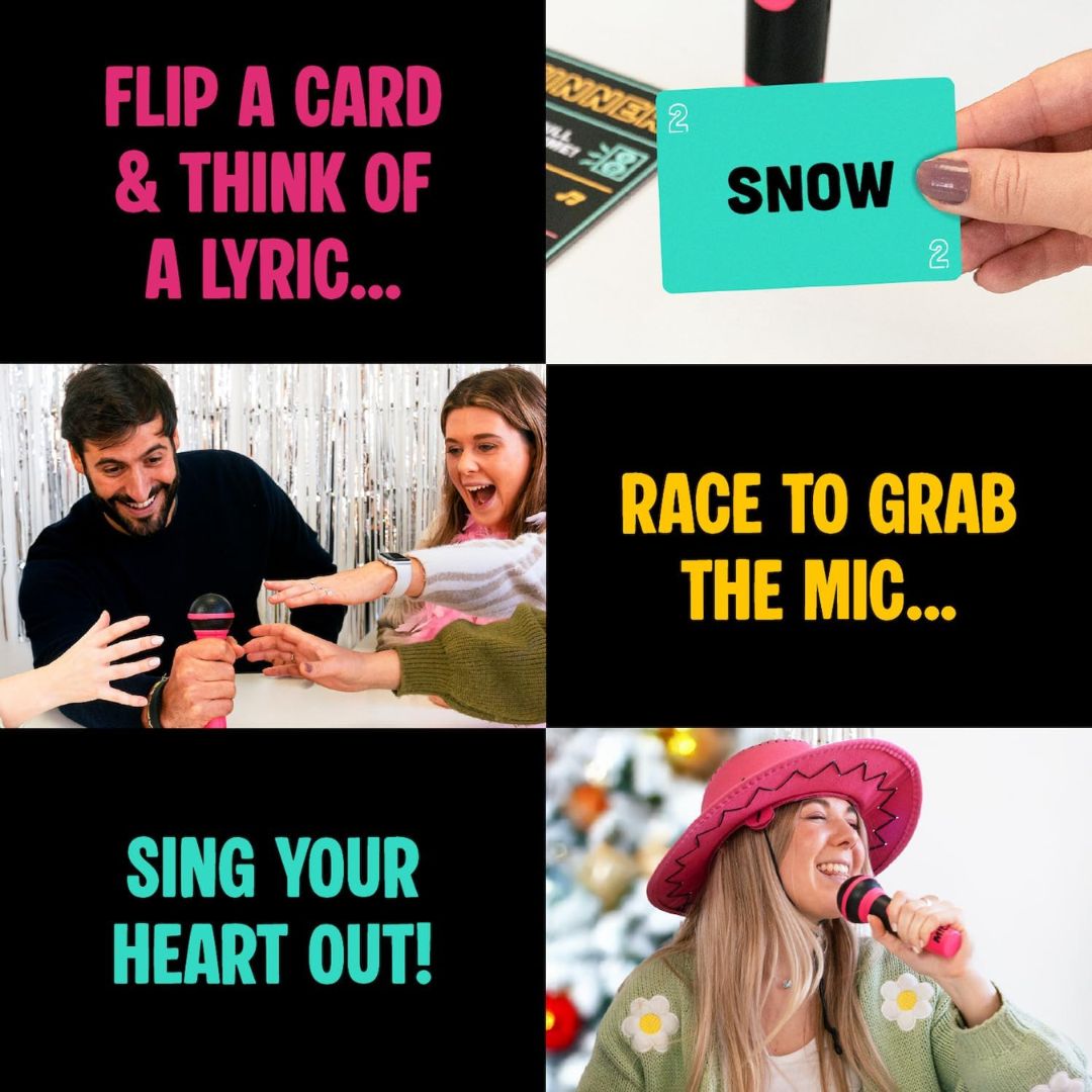 A 2x2 promotional collage for a karaoke party game. The top-left panel shows pink text reading 'FLIP A CARD & THINK OF A LYRIC.