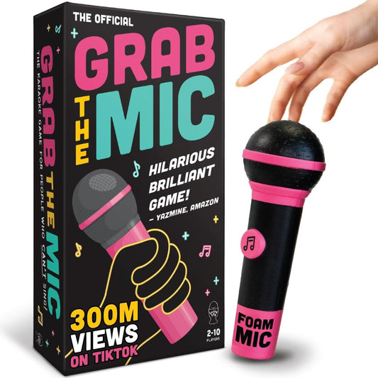 Grab the mic karaoke party game on a white background
