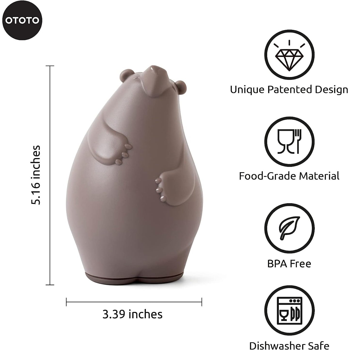 Size measurements for a kitchen grater shaped like a brown bear. 5.16 inches in height x 3.39 inches in width.