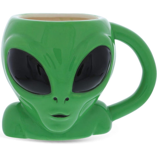 A green ceramic coffee mug shaped like an alien head with large black eyes and a matching green handle, shown on a plain white background.