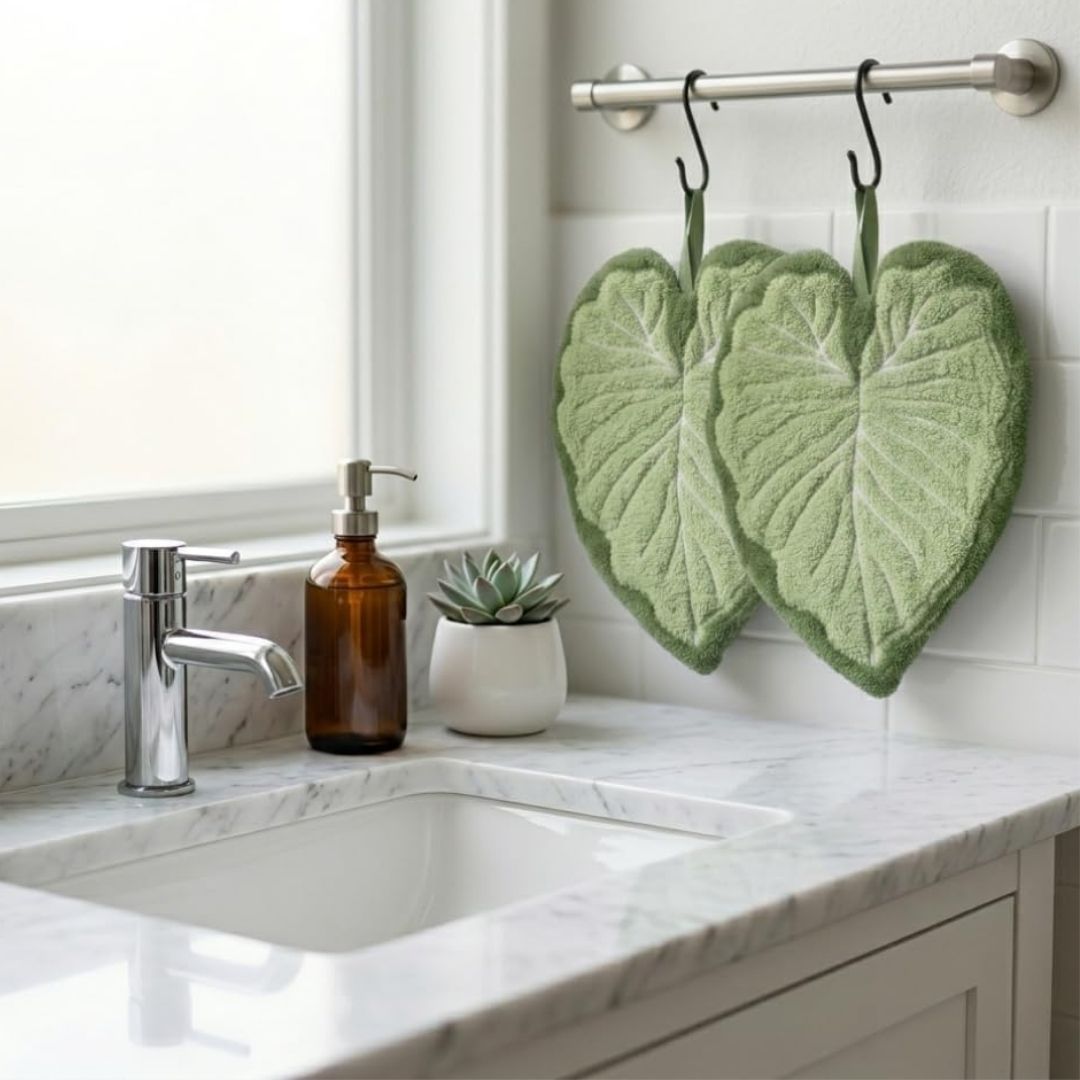 Two green heart-shaped leaf hand towels hanging from black hooks on a silver wall-mounted rod above a white marble bathroom counter with a sink, faucet, soap dispenser, and small succulent.