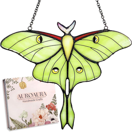 Green luna moth stained glass window hanging with black metal outlines, crescent wing markings, hanging chain and decorative gift box