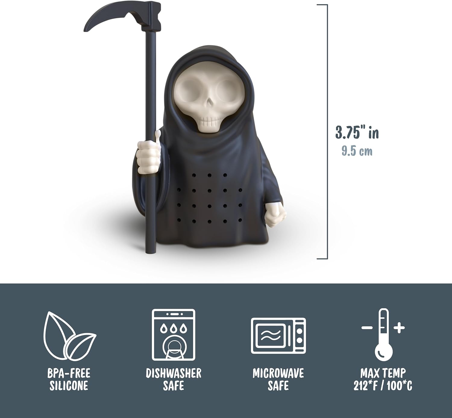 A black silicone Grim Reaper tea infuser with a scythe, 3.75 inches tall, labeled as BPA-free, dishwasher safe, microwave safe, and max temp 212°F/100°C.