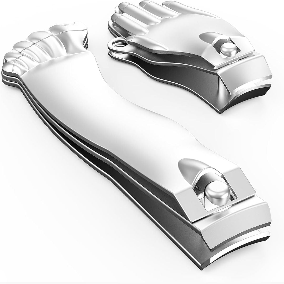 Foot and hand shaped nail clippers on a white background