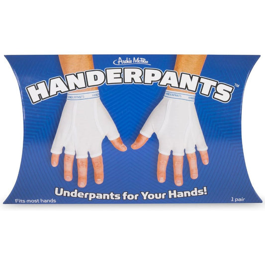 Pack of white Handerpants novelty underwear gloves designed to look like briefs for your hands