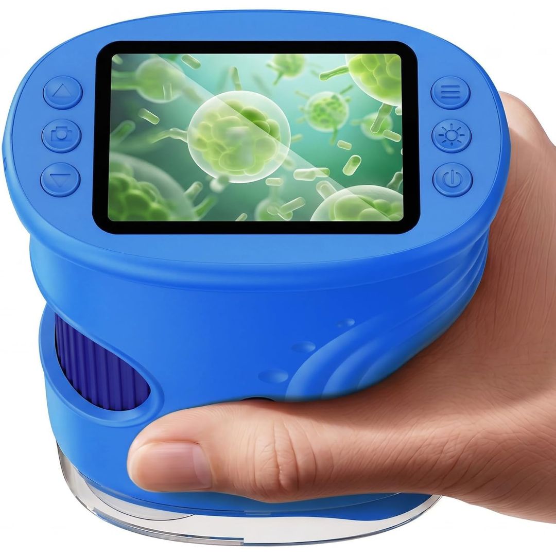 Blue handheld digital microscope for kids with 2-inch IPS screen, focus wheel and built-in viewing display