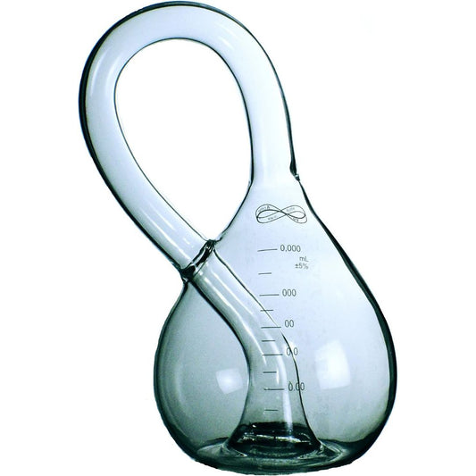 Handmade clear glass Klein bottle with looping neck, curved internal tube and measurement markings