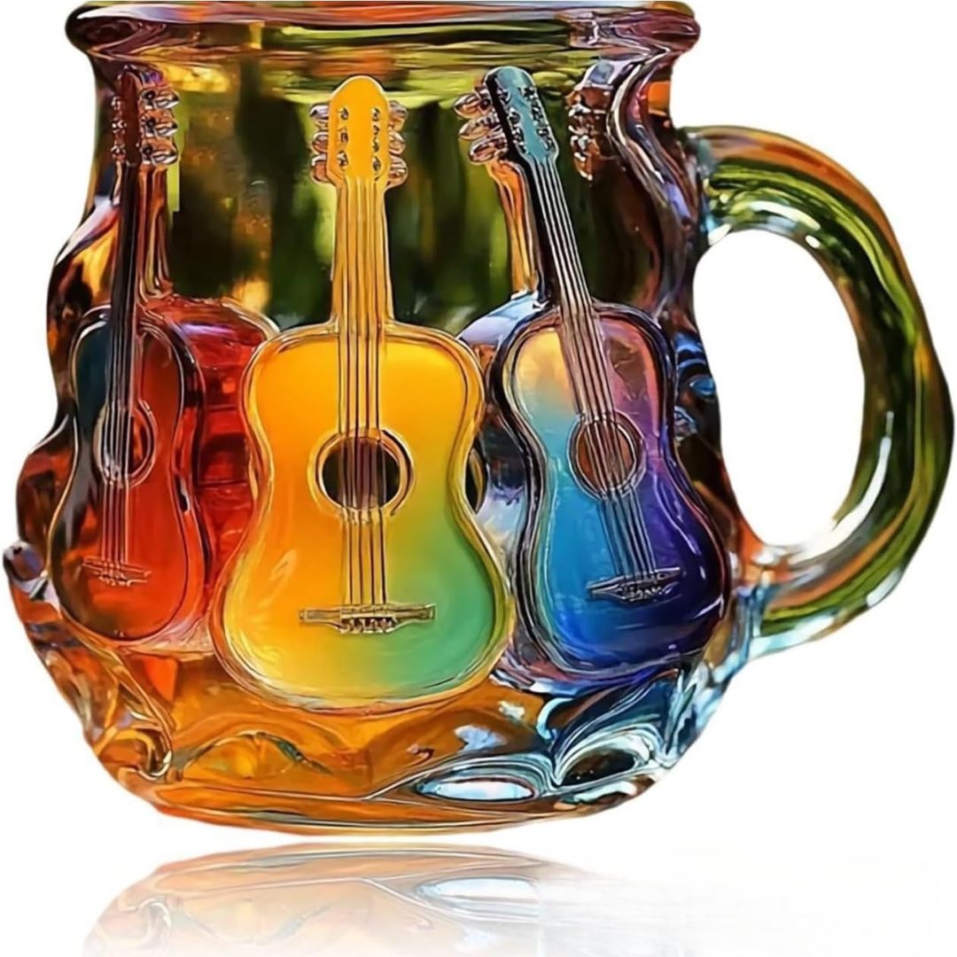 Colorful glass coffee mug decorated with raised rainbow guitars