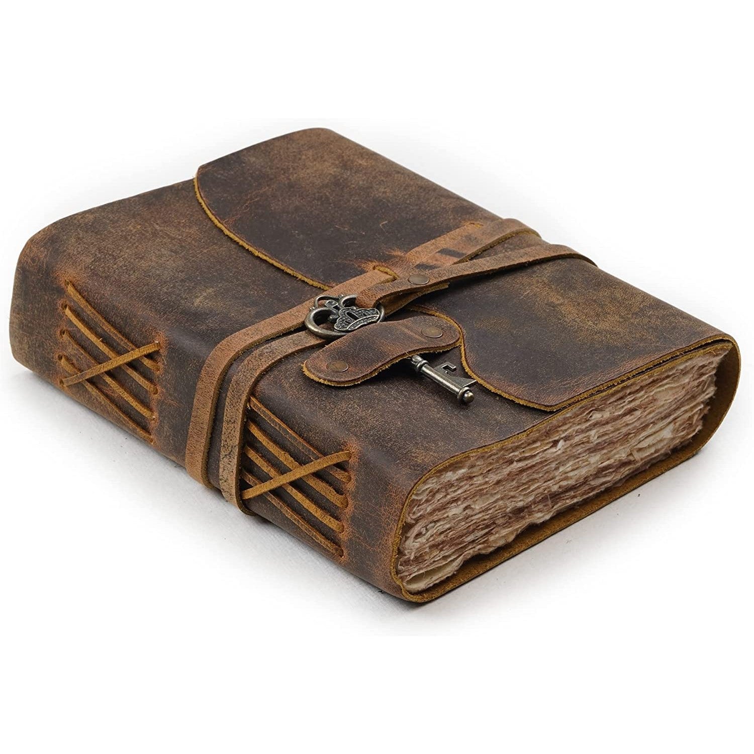 A brown leather vintage journal with key.