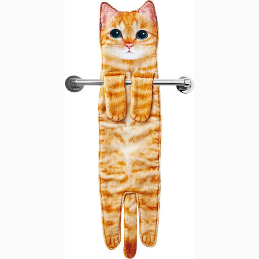 Cat-shaped towel holder with orange tabby cat design on a white background