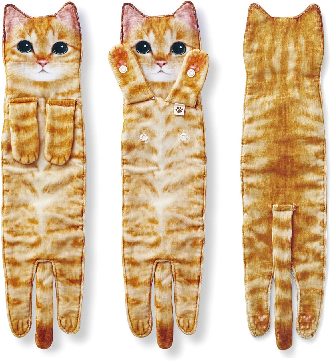 Cat-shaped hand towel with a pattern resembling an orange tabby cat on a white background.
