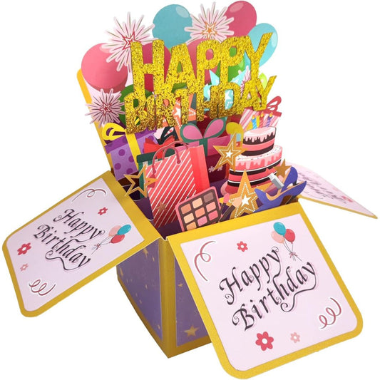 Pop-up birthday card with colorful balloons, cake, and gift boxes on a white background