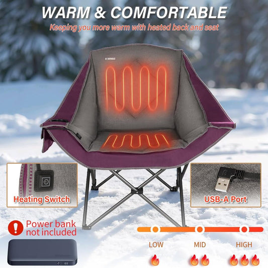A heated outdoor camping chair showing various features of the chair with text that says 'warm and comfortable'