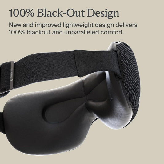 Black heated eye massager blackout goggles with text on a beige background