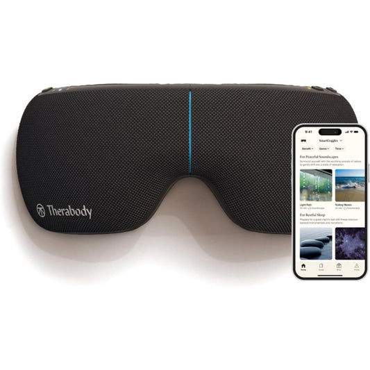 A pair os black heated eye massager goggles next to a smart phone