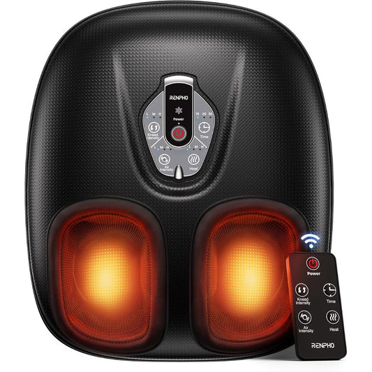 Black heated foot massager with glowing orange heating pads and a matching remote control, shown on a clean white background.
