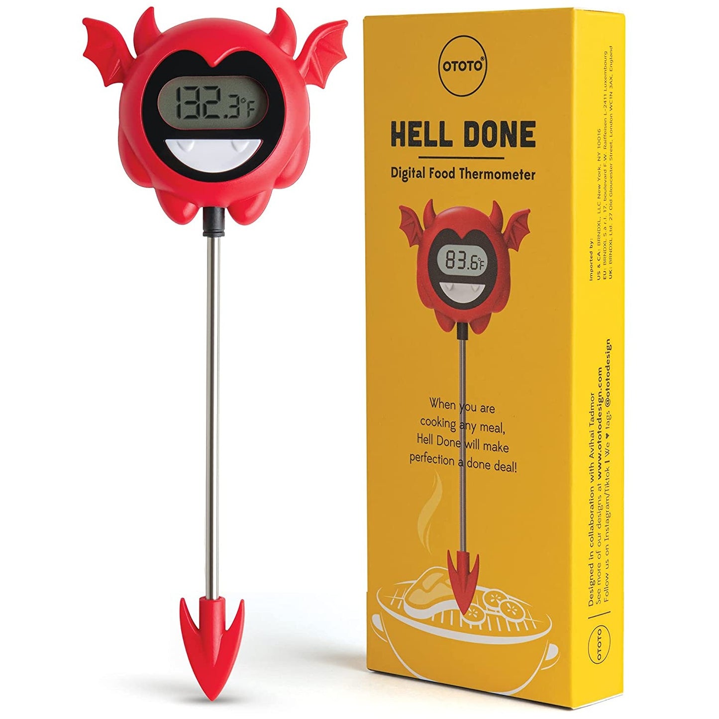 A red meat thermometer called Hell Done which is shaped like a devil.