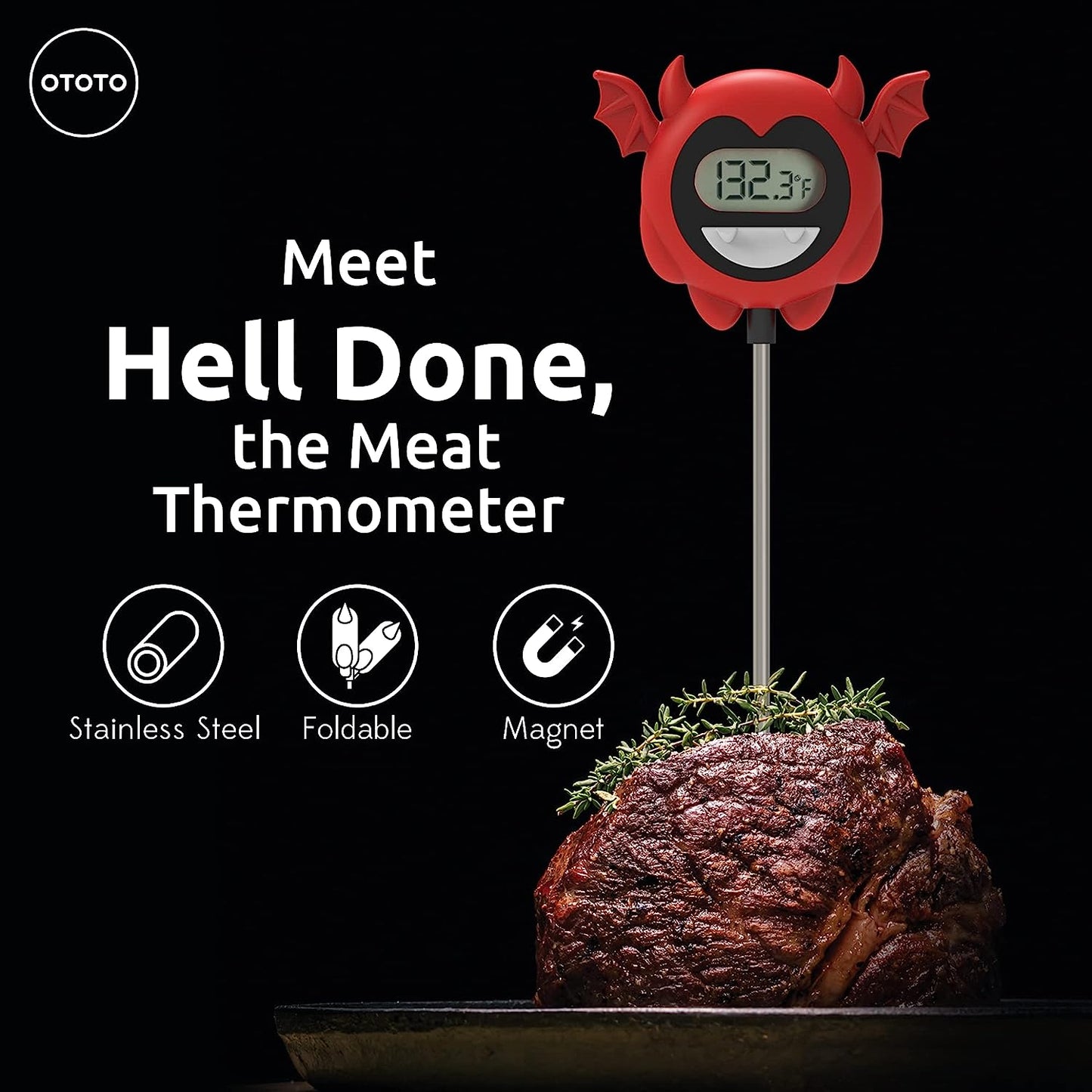 A Hell Done meat thermometer is placed into a large piece of meat to check the temperature.