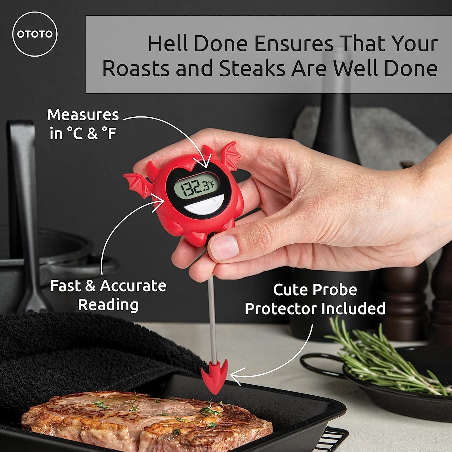 A hand is holding a meat thermometer over a steak in a frying pan.