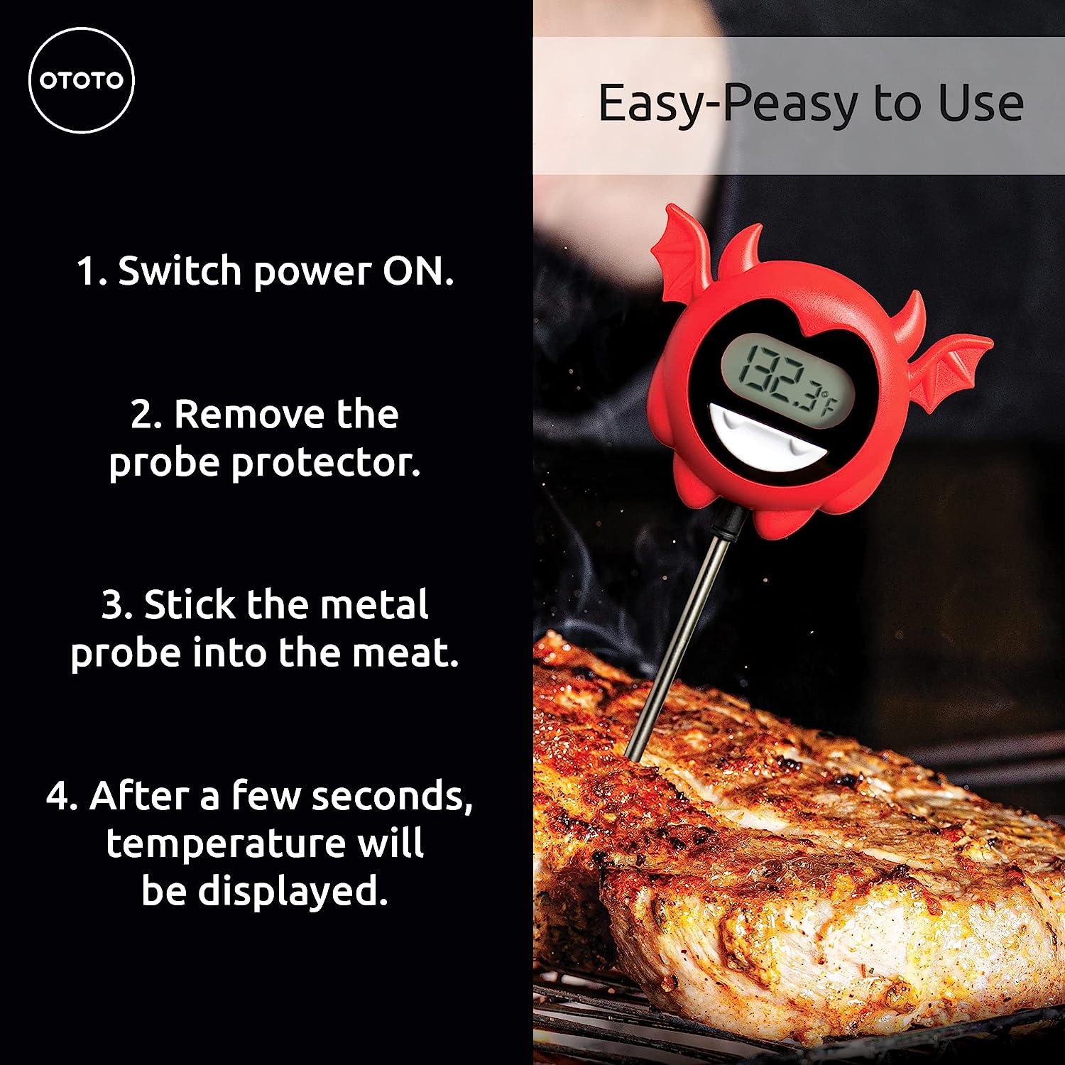 A devil shaped meat thermometer placed into a steak to check the temperature.