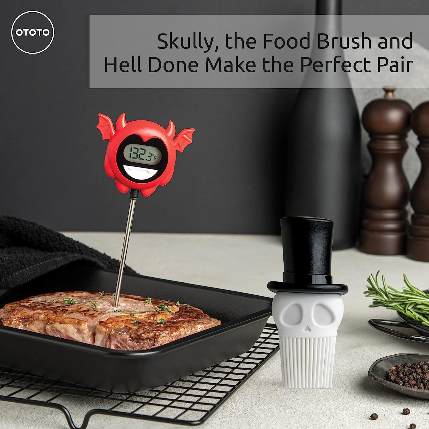 The probe of a meat thermometer called Hell Done is inside a steak checking the temperature.