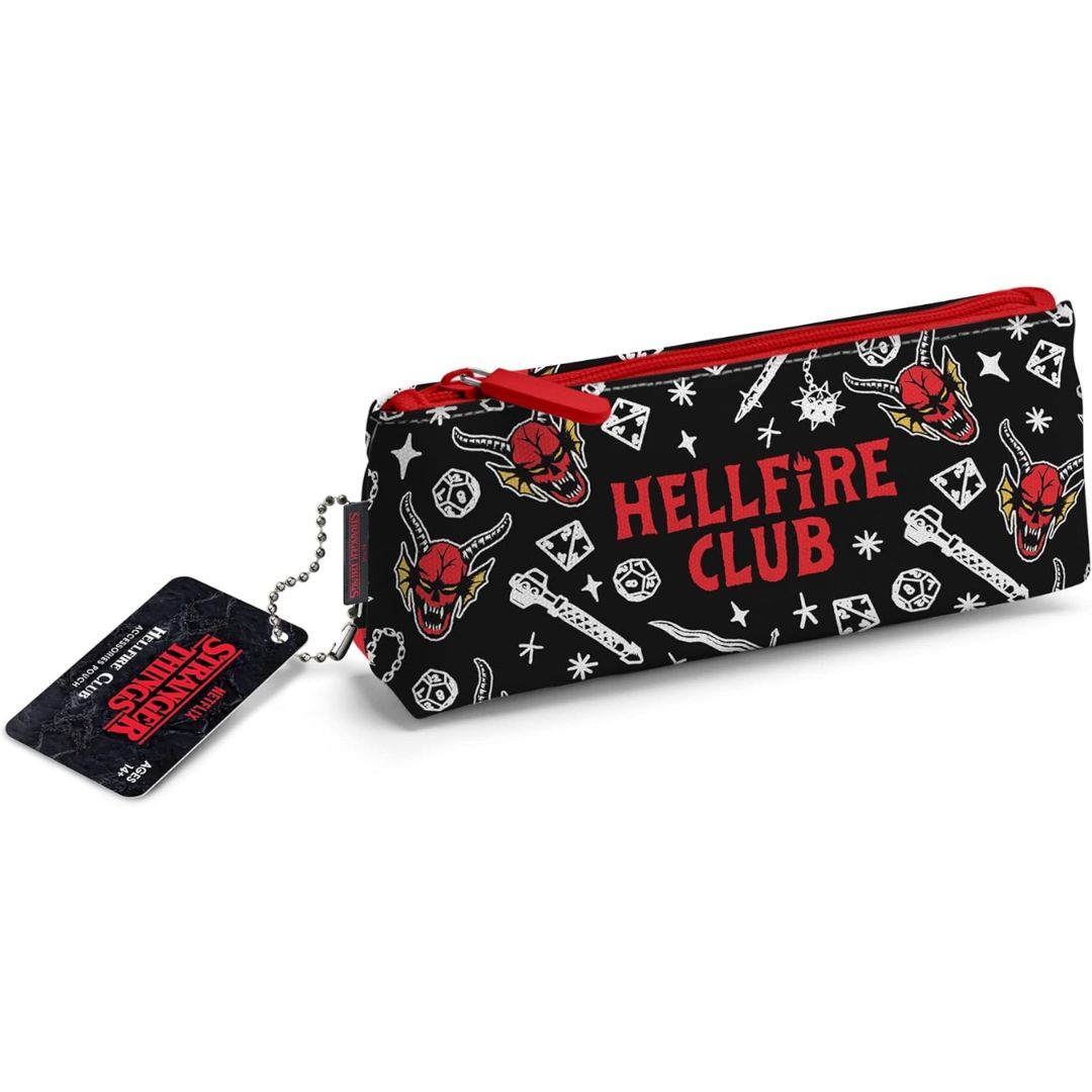 Accessory pouch with 'Hellfire Club' design and matching tag on a white background