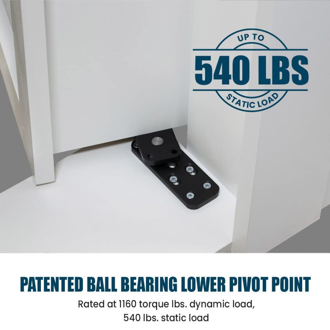 A black metal ball bearing lower pivot point bracket shown installed under a white cabinet corner, with text stating 'UP TO 540 LBS STATIC LOAD' and additional product details below.