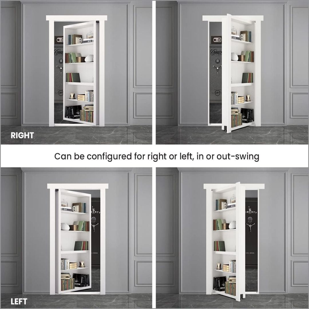 White bookshelf with hidden safe door in a gray room setting, showing different swing directions.