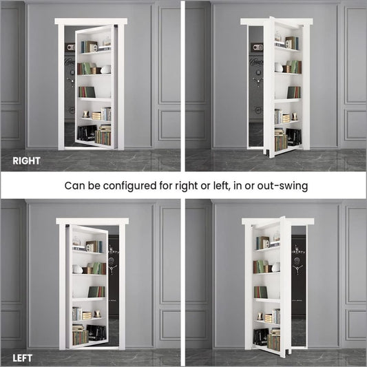 White bookshelf with hidden safe door in a gray room setting, showing different swing directions.