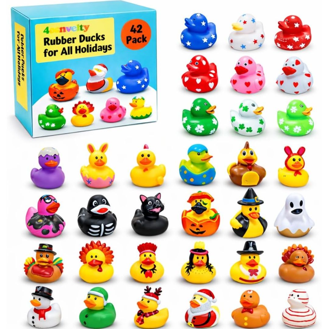 A 42 piece set of novelty rubber ducks for all holidays, featuring a colorful blue and yellow retail box alongside 33 individually decorated rubber ducks in various festive designs, shown on a clean white background.