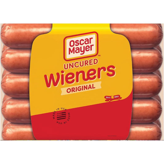 A jigsaw puzzle featuring a package of Oscar Mayer Uncured Wieners Original hot dogs, showing the yellow and red brand label over the sausages on a white background.