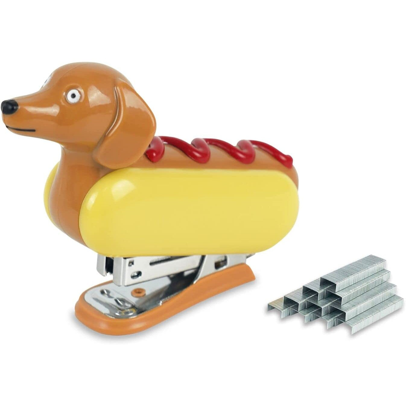 A stapler shaped like a hot dog.