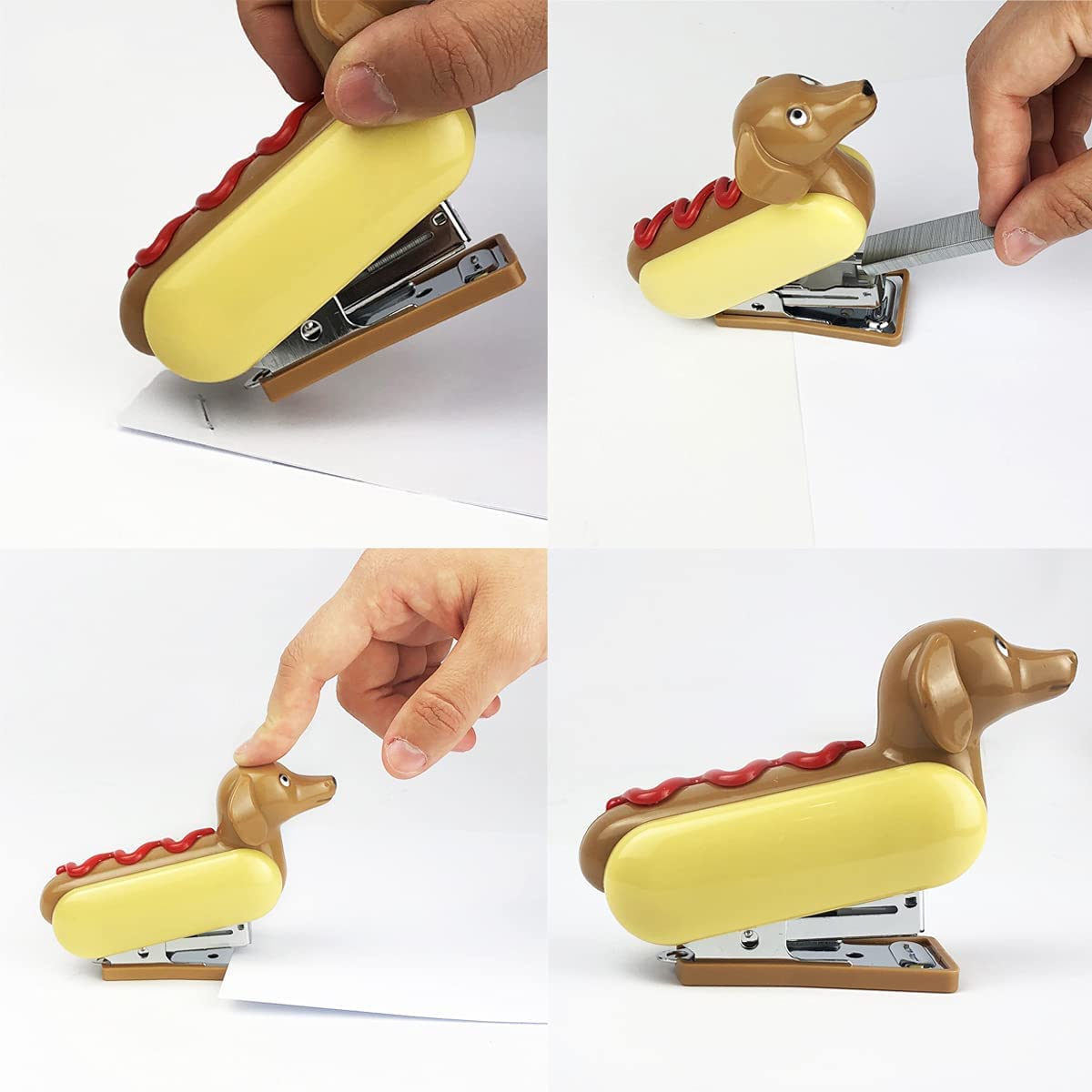 A collage of 4 images showing a hot dog shaped stapler.