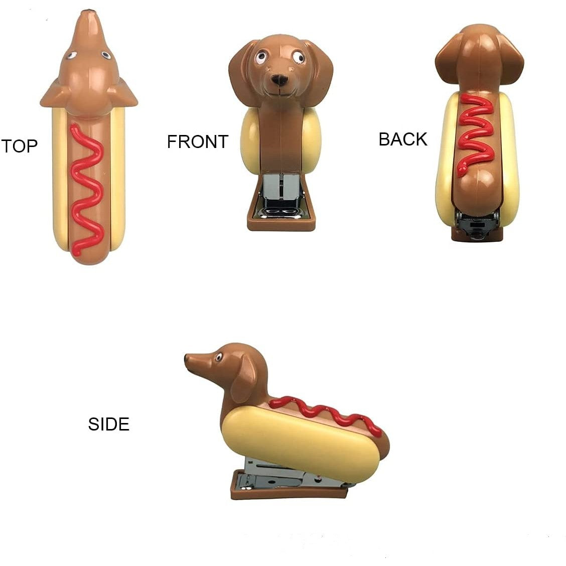 Four different views of a hot dog shaped stapler.